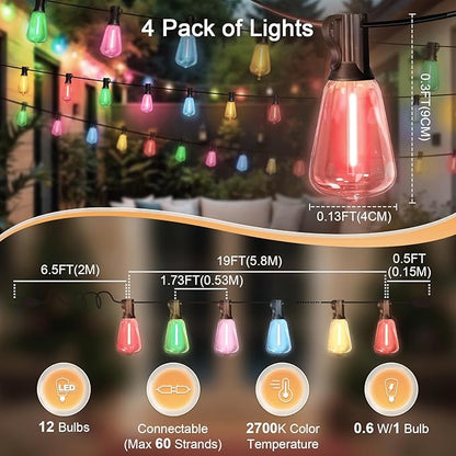 LAMPHOME 4-Pack 26FT ST38 Outdoor String Lights, Multicolor Shatterproof Edison LED Patio Lights, Connectable Waterproof Hanging Lights for Easter, Outside Bistro, Patio & Party Decorations