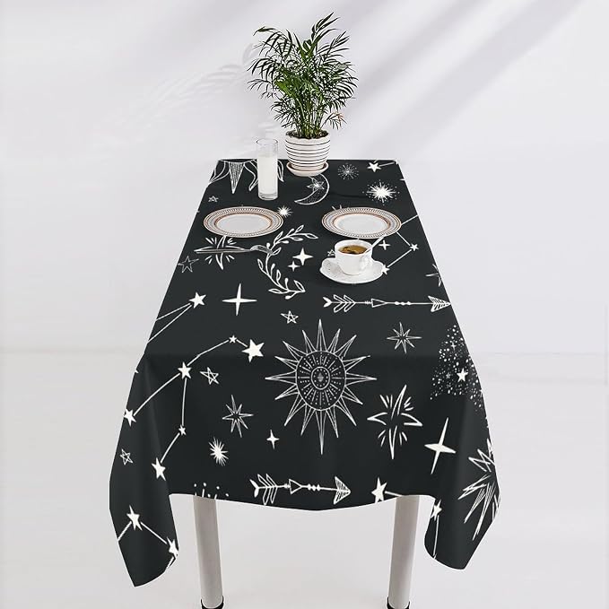 Sun Moon Tablecloth Boho Astrology Celestial Star Crescent Galaxy Space Table Cloth Water Resistant Wipeable Table Cover for Picnic Party Holiday Kitchen Dinner Table 55"x55"