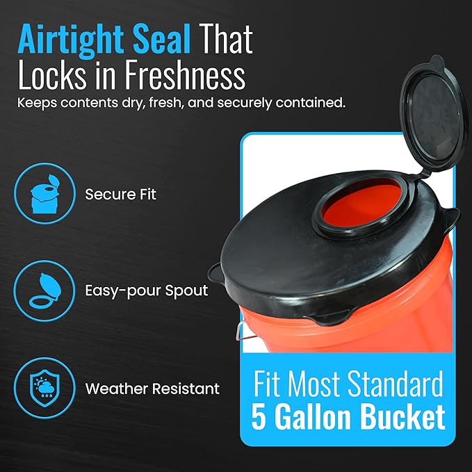 Skywin 5 Gallon Bucket Lid, 2 Pack Seal Lid, Wood Pellet Storage Containers, Bird Seed Container, Lump Charcoal Storage, Weather Resistant Rubber (Bucket Not Included) (Black)