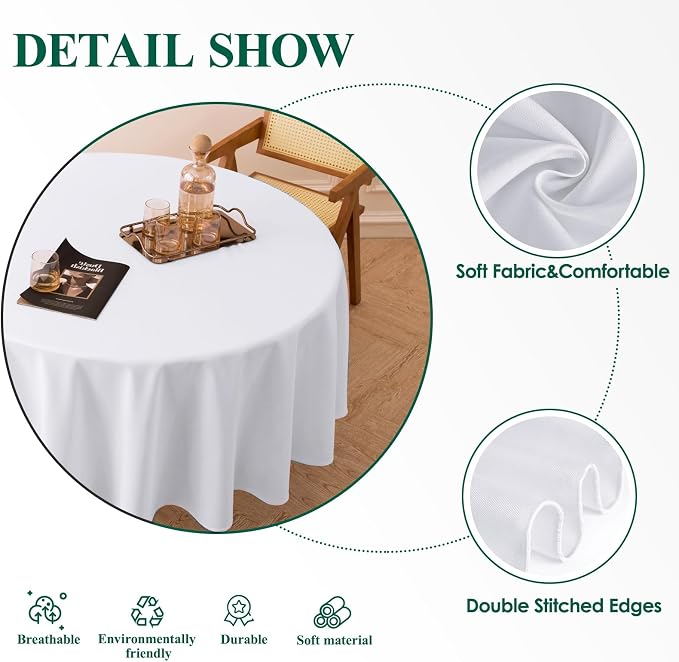 1 Pack White Round Tablecloths 132 Inch for Dining Tables | Washable Decorative Linen Polyester Table Cover for Banquets Buffets Parties and Weddings