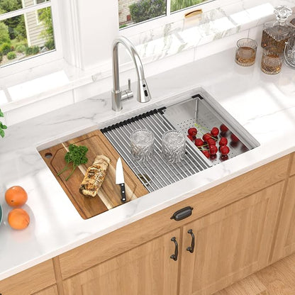 Granite kitchen Sink - 32 Inch White Undermount Kitchen Sink Workstation Single Bowl White Quartz Composite Sinks Basin with Gold Drain Assembly, 32"x19" #TLGU-104