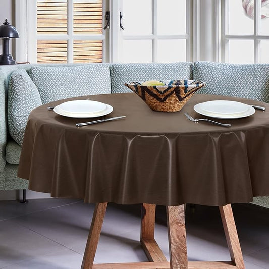 sancua 100% Waterproof Vinyl Tablecloth Table Cloth 60 Inch Round, Coffee | Oil Spill Proof, PVC Material, Wipe Clean Table Cover for Dining Tables, Buffet Parties and Camping