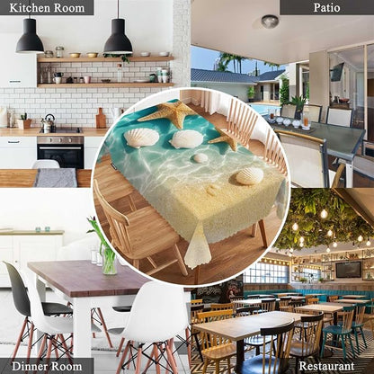 Swono 52x70 Inch Ocean Beach Tablecloth Summer Starfish and Seashell Ocean Sea Farmhouse Dining Table Cloth Anti-Stain Talking Table Cover for Kitchen Dinning Room Coffee Store