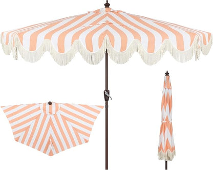 JONATHAN Y Beverly 9 ft. Striped Half Umbrella, Coral Pink/Dark Brown | Coastal Scalloped Fringe, Crank Lift, 30 Degree Manual Tilt, UV 50 Polyester Canopy, Aluminum Frame, Space Saving Design