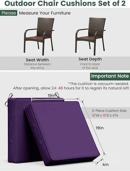 Outdoor Chair Cushion 19 x 19 x 4 Inches Patio Furniture Outdoor Waterproof Seat Cushion, Patio Chair Cushion with Handles and Ties, Square Dining Chair Cushion Set of 2, Purple