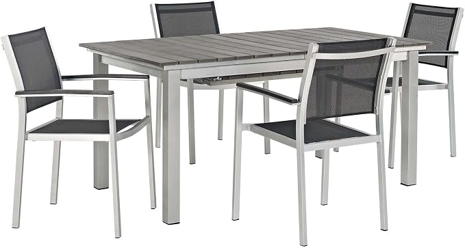 Modway EEI-3198-SLV-BLK-SET Shore 5 Piece Patio Aluminum Outdoor Dining Set, Silver Black, 79.5" L x 106.5" W x 35" H
