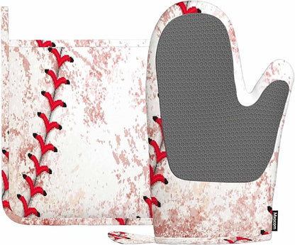 Mxocom Baseball Background Silicone Oven Mitts and Pot Holders Sets BBQ Gloves for Kitchen,Cooking,Baking,Grilling