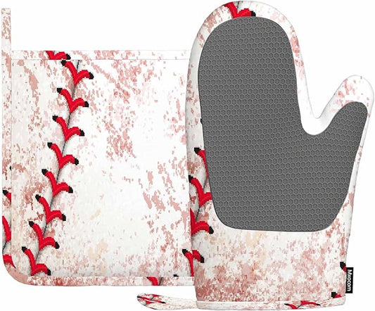 Mxocom Baseball Background Silicone Oven Mitts and Pot Holders Sets BBQ Gloves for Kitchen,Cooking,Baking,Grilling