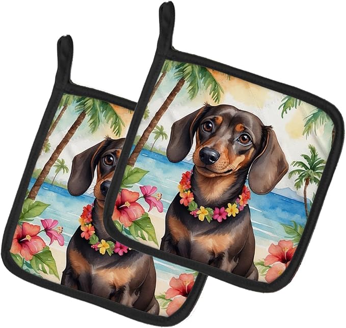 Caroline's Treasures Dachshund Luau Pair of Pot Holders Kitchen Heat Resistant Pot Holders Sets Oven Hot Pads for Cooking Baking BBQ, 7 1/2 x 7 1/2