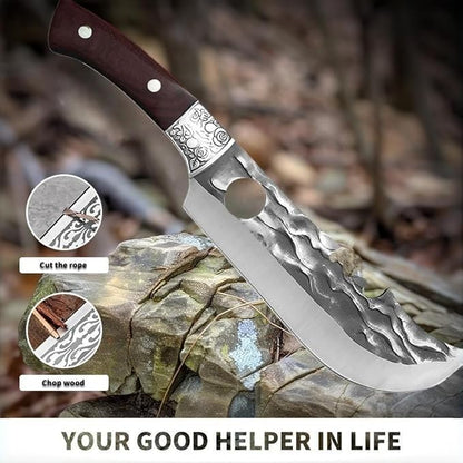 2PCS Meat Cleaver Knife Set with Sheaths, Hand Forged Serbian Knife&Viking Cleaver, High Carbon Stainless Steel Sharp Blade for Meat and Vegetable Cutting, Outdoor Cooking, Camping