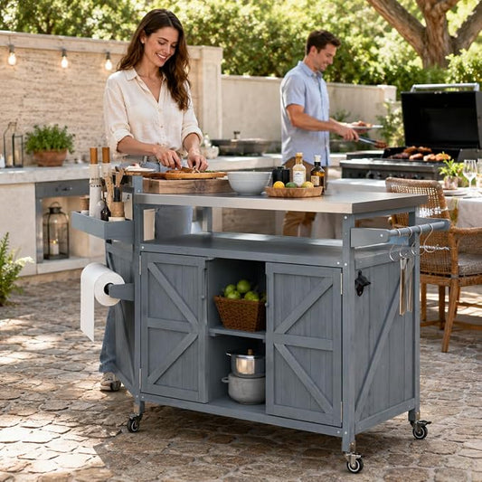 Outdoor Kitchen Island, 50.25" Rolling Grill Table with Storage Cabinet, 201 Stainless Steel Top Outdoor Bar Cart, Solid Fir Wood BBQ Prep Station with Adjustable Shelves, Spice Rack (Grey Blue)