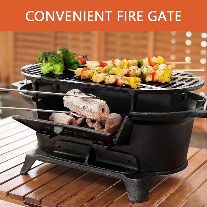 Cast Iron Hibachi Grill, Portable Charcoal Hibachi Grills with Double-Sided Grill Grate, 100% Cast Iron, Compact Camping Charcoal Cooker for Tailgating, Picnics & Hunting (Rectangle)