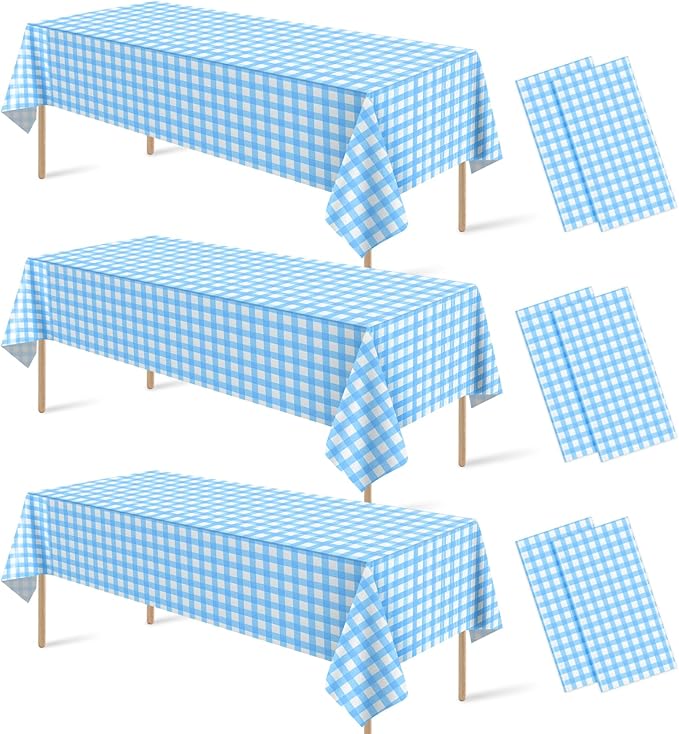 6Pcs Light Blue Gingham Tablecloths, Checkered Party Table Covers 54x108 In | Blue and White Checkered Tablecloths Disposable Waterproof for Baby & Bridal Shower Picnic Camping Birthday Outdoor Tea Party