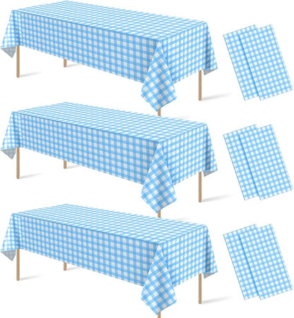 6Pcs Light Blue Gingham Tablecloths, Checkered Party Table Covers 54x108 In | Blue and White Checkered Tablecloths Disposable Waterproof for Baby & Bridal Shower Picnic Camping Birthday Outdoor Tea Party