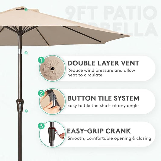 JEAREY 9FT Outdoor Patio Umbrella Outdoor Table Umbrella with Push Button Tilt and Crank, Market Umbrella 8 Sturdy Ribs UV Protection Waterproof for Pool, Garden (Beige)