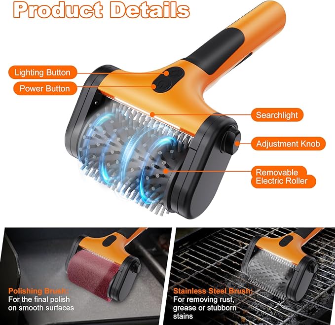 2-in-1 Upgraded Electric Grill Brush and Polisher – 1000 RPM High-Torque Motor, 2600mAh Battery, LED Light – Bristle-Free BBQ Cleaner for Gas, Charcoal & Pellet Grills (Orange)