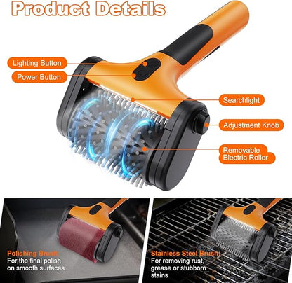 2-in-1 Upgraded Electric Grill Brush and Polisher – 1000 RPM High-Torque Motor, 2600mAh Battery, LED Light – Bristle-Free BBQ Cleaner for Gas, Charcoal & Pellet Grills (Orange)