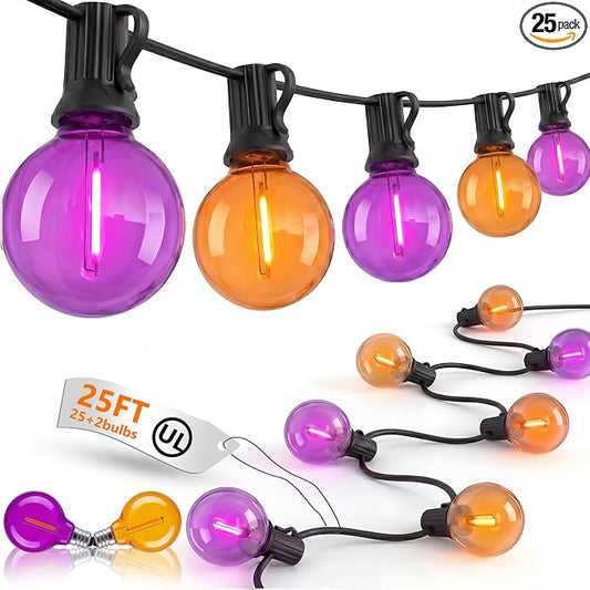 25FT G40 LED Outdoor Halloween String Lights, Orange and Purple Halloween Decorations Lights with 27 Shatterproof Globe Bulbs(2 Spare), Hanging Patio Lights for Holiday Balcony Backyard Party Garden