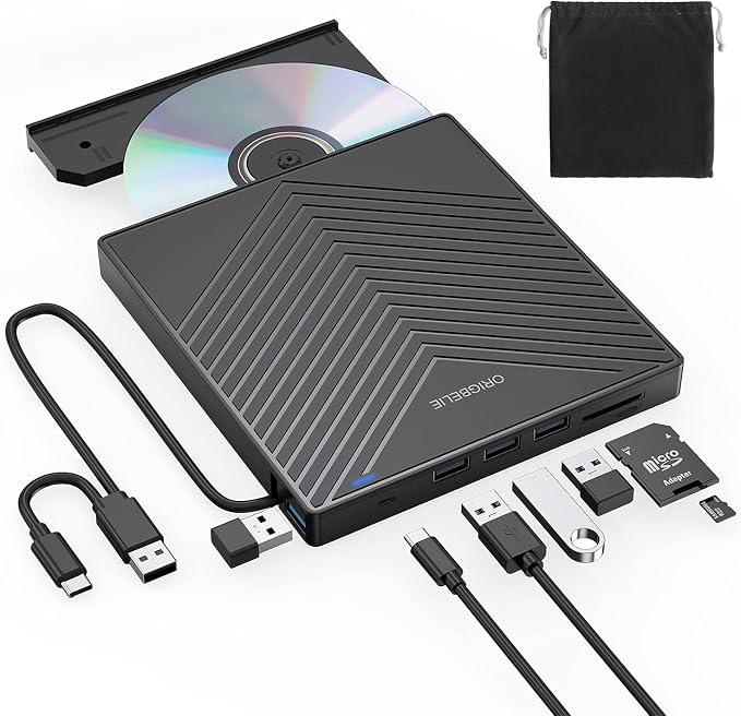 ORIGBELIE External CD DVD Drive, USB 3.0 & 4 USB Ports & 2 TF/SD Card Slots | Ultra Slim CD DVD ROM Player Burner Reader Writer Rewriter Optical Disk Drive for Laptop PC Mac OS Windows 11/10/8/7 Linux