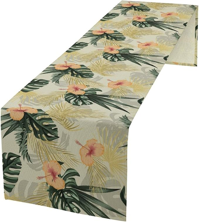 Tropical Leaves Table Runner Retro Boho Palms Tree Flower Hawaii Jungle Botanical Spring Summer Seasonal Dinner Runner for Farmhouse Home Kitchen Dining Holiday Party Decor 13x36in