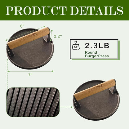 2 Pack 2.3lb Steak Weight & Burger Press, Striped Base, 7" Heavy Duty Cast Iron Grill Press with Wood Handle for Blackstone, Chef, Camp, Panini, Vegetable, Bacon, Sandwich, BBQ