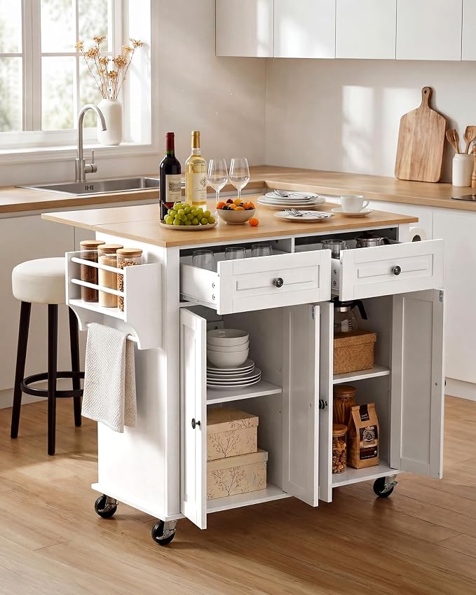 VEVOR Kitchen Island Cart with Storage, 43.58 in Wide Mobile Rolling Storage Island on Swivel Wheels, with 2 Drawers, Storage Cabinet, Drop Leaf, Spice/Towel Rack, Table for Home Dining Room, White