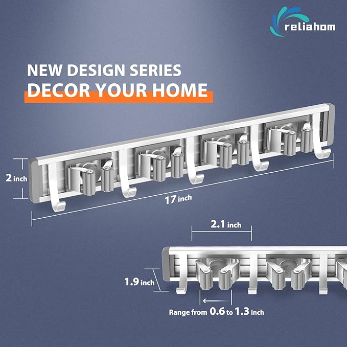 reliahom Broom Holder Wall Mount Mop Hanger Tools organizer 4Racks 5Hooks | Adjustable Mop Broom Wall Hanging Heavy duty Tools Storage Rack Space-saving for Garage,Kitchen,Laundry Room,Garden, Silver