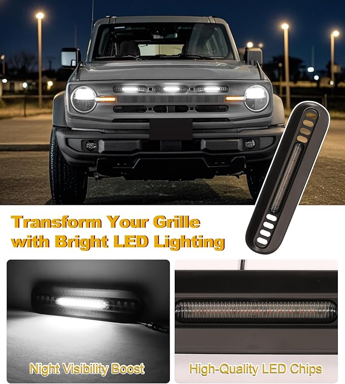 Front Bumper Grill Lights for Ford Bronco 2021-2024 LED Marker Head Light Bar Lamps DRL Insert Accessories, Only Fits Big Bend & Outer Bank 2/4 Door (White)