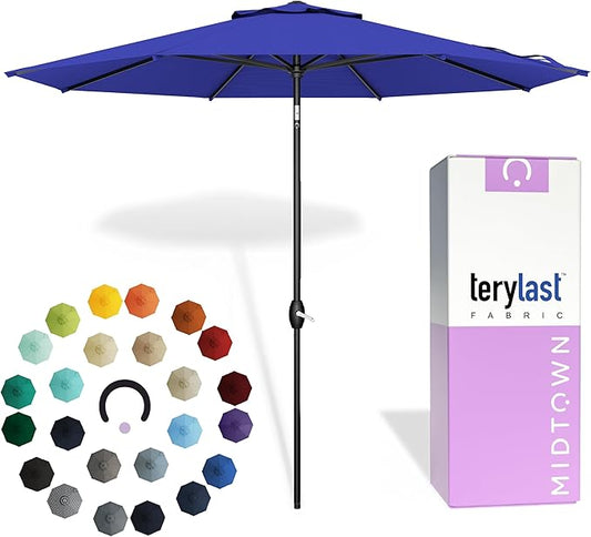 Midtown Umbrellas - 10-Year-No-Fade 10 Ft Patio Umbrella with Terylast Fabric, Auto-Tilt Aluminum Frame and 8 Reinforced Ribs for Deck, Pool, Garden & Beach - Royal Blue Canopy, Black Pole