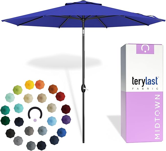 Midtown Umbrellas - 10-Year-No-Fade 9 Ft Patio Umbrella with Terylast Fabric, Auto-Tilt Aluminum Frame and 8 Reinforced Ribs for Deck, Pool, Garden & Beach - Midnight Blue Canopy, Black Pole