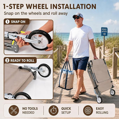 Wheel-To-Go Tanning Chair with Wheels Sun Canopy Umbrella Face Hole Thicker Washable Adjustable, Heavy Duty Folding Lay Flat Sun Lounge Chair Beach Outside Sunbathing Reading, UPF 50+ (Patent Design)