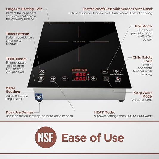ChangBERT Built-in & Countertop Induction Cooktop, NSF-Certified Commercial Grade Single Induction Burner, Large 8” Heating Coil, Low Noise, Precise Temperature Control for Apartments RVs Food Station