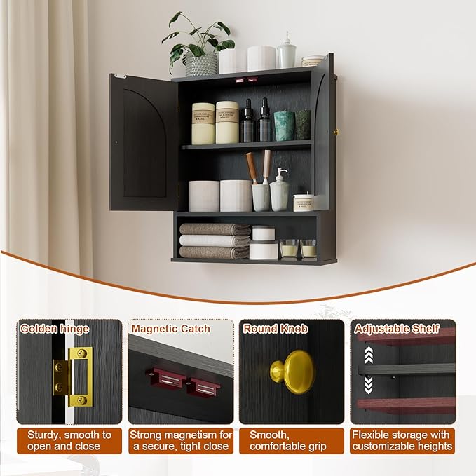 Medicine Cabinet, Over Toilet Storage Cabinet, Bathroom Wall Cabinet with Arched Doors & Adjustable Shelves, Wall Mounted Cabinet with Open Shelf for Bathroom Over Toilet Restroom, Black
