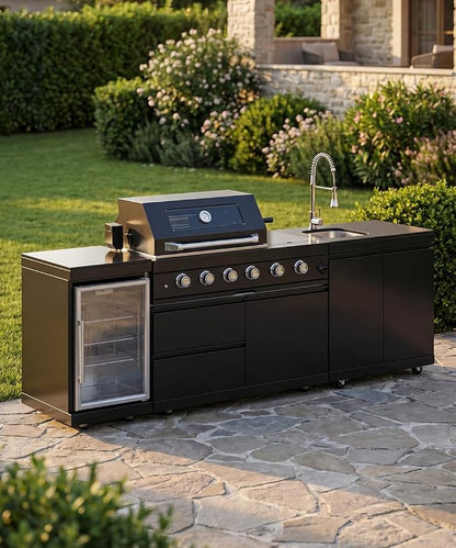 Outdoor Kitchen Island Barbecue Grill with Refrigerator & Rotisserie, Heavy-Duty Stainless Steel Freestanding Grills Station, Weather-Resistant Cooking Cabinet for Backyard & Summer Propane Gas