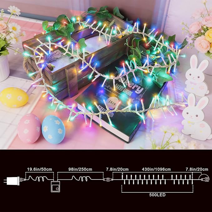 46ft 500 LED Easter String Lights Plug in, Pastel Twinkle Fairy Lights, 16 Modes Waterproof Easter Outdoor Lights, Colored String Lights for Christmas Tree Indoor Outdoor Spring Decorations