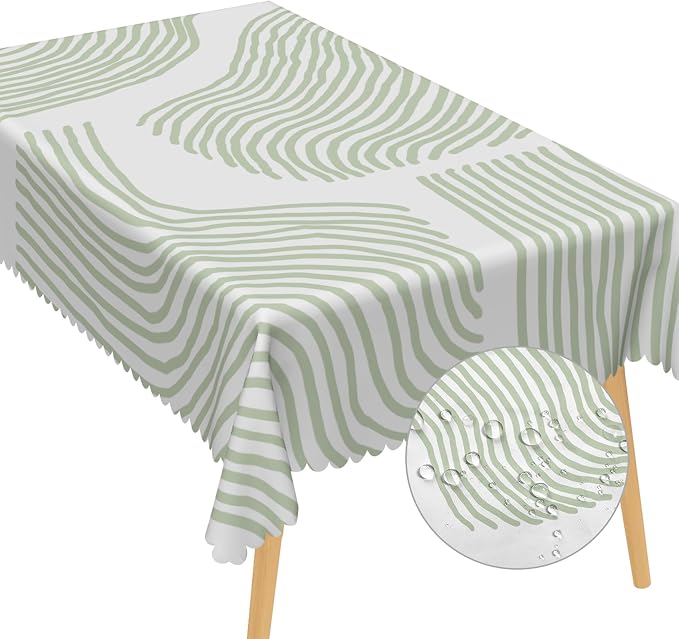 Sage Green Stripes Table Cloth for Rectangle Chic Striped Tablecloths Polyester Vintage for Picnic Party Dinner Aesthetic Wrinkle Oil-Proof Resistant Table Cover for Dining Table 60x84 Inch