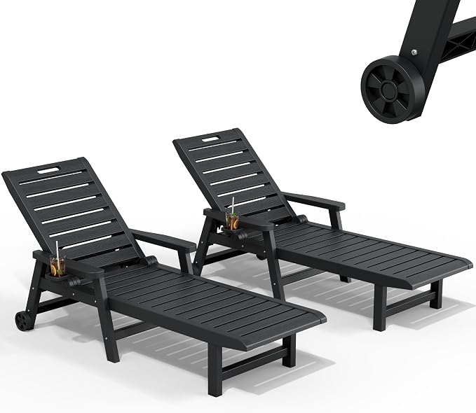 Outdoor Chaise Lounges, Patio Lounge Chair (Black with Wheels, Set of 2) | Wood-Grain HDPE, 5-Position Recline, Lockable Wheels, Cup Holder, 450 lbs, Indoor/Outdoor