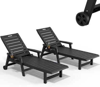 Outdoor Chaise Lounges, Patio Lounge Chair (Black with Wheels, Set of 2) | Wood-Grain HDPE, 5-Position Recline, Lockable Wheels, Cup Holder, 450 lbs, Indoor/Outdoor