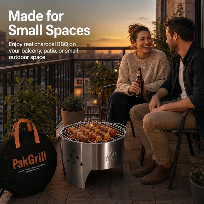 14" Portable Folding Campfire Grill, Stainless Steel Charcoal Grill with Carry Bag for Camping, Bonfire, Picnic and Backyard Cooking