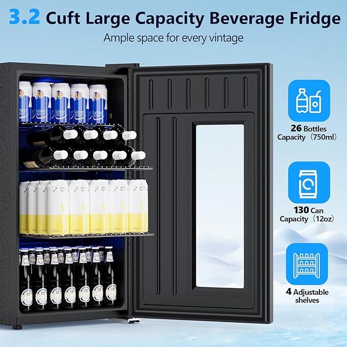 COWSAR 3.2 Cu. Ft. Beverage Refrigerator, 130-Can Beer Cooler with Digital Temperature Control (20°F–50°F), Glass Door, Adjustable Shelves, LED Lighting, for Home, Office & Bar, Black