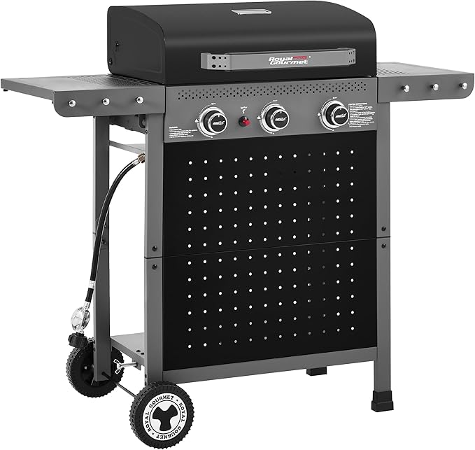 Royal Gourmet GL3001 3-Burner Gas Grill with Pegboard, 420 Sq. In. Cooking Area, 19,500 BTU, Foldable Side Shelves with Hooks, Two Large Wheels, Ideal for Backyard and Patio, Black & Cool Gray