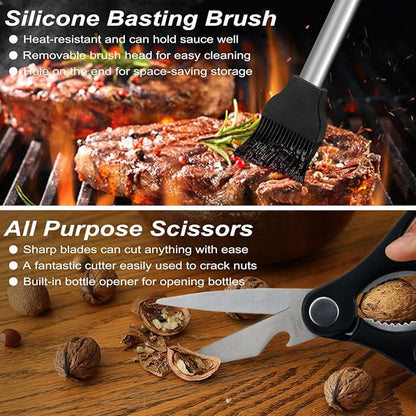 POLIGO 29 PCS BBQ Grill Accessories Stainless Steel BBQ Tools Grilling Tools Set with Storage Bag for Fathers Day Dads Birthday Presents - Camping Grill Utensils Set Ideal Grilling Gift for Men Silver