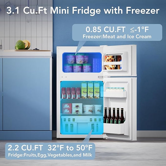 Electactic Mini Fridge with Freezer, 3.2 Cu.Ft Compact Refrigerator with 2 Doors, Small Fridge with Adjustable Thermostat & Removable Glass Shelves for Bedroom, Office, Dorm, or Apartment, White