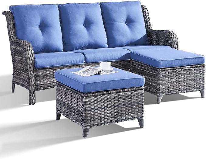 Outdoor Patio Furniture - 3 Seater Outdoor Rattan Wicker Sofa Patio Couch with Ottoman for Porch Deck Garden Backyard - Grey/Blue