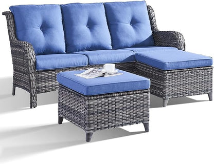Outdoor Patio Furniture - 3 Seater Outdoor Rattan Wicker Sofa Patio Couch with Ottoman for Porch Deck Garden Backyard - Grey/Blue