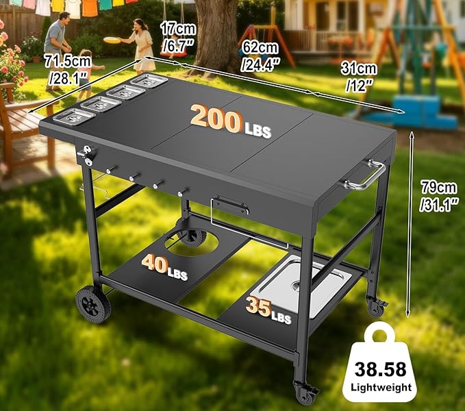 Pizza Oven Table with Topping Station, Outdoor Pizza Oven Cart, Grill Cart for Ninja, Cuisinart, Gozney, Movable BBQ Prep Table Station with Seasoning Tray for Patio, Kitchen, Backyard