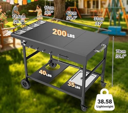 Pizza Oven Table with Topping Station, Outdoor Pizza Oven Cart, Grill Cart for Ninja, Cuisinart, Gozney, Movable BBQ Prep Table Station with Seasoning Tray for Patio, Kitchen, Backyard