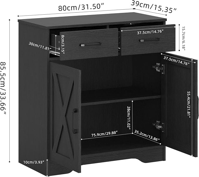 Panana Sideboard 2 Drawers 2 Doors Entryway Storage Cabinet Living Room Organizer Farmhouse Style Wooden Kitchen Cupboard (Black)