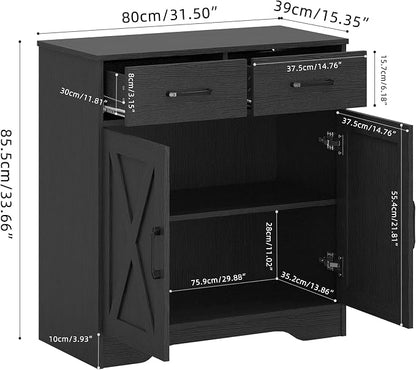 Panana Sideboard 2 Drawers 2 Doors Entryway Storage Cabinet Living Room Organizer Farmhouse Style Wooden Kitchen Cupboard (Black)