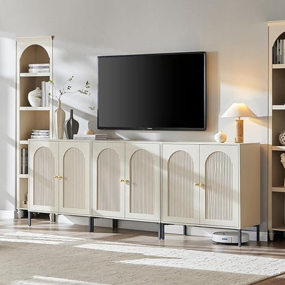 IFBUY Modern Sideboard Buffet Cabinet, 92.63" W Fluted Arched Buffet Cabinet with Storage and Adjustable Shelves, Wooden Modular Coffee Bar Cabinets for Kitchen, Entryway, Cream